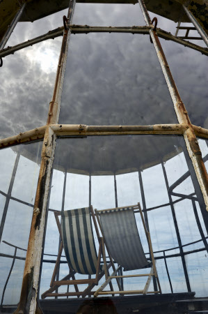 Deckchairs in the lantern on top of the Old Light, the lighthouse on Lundy Island, in the Bristol Channel, Devon